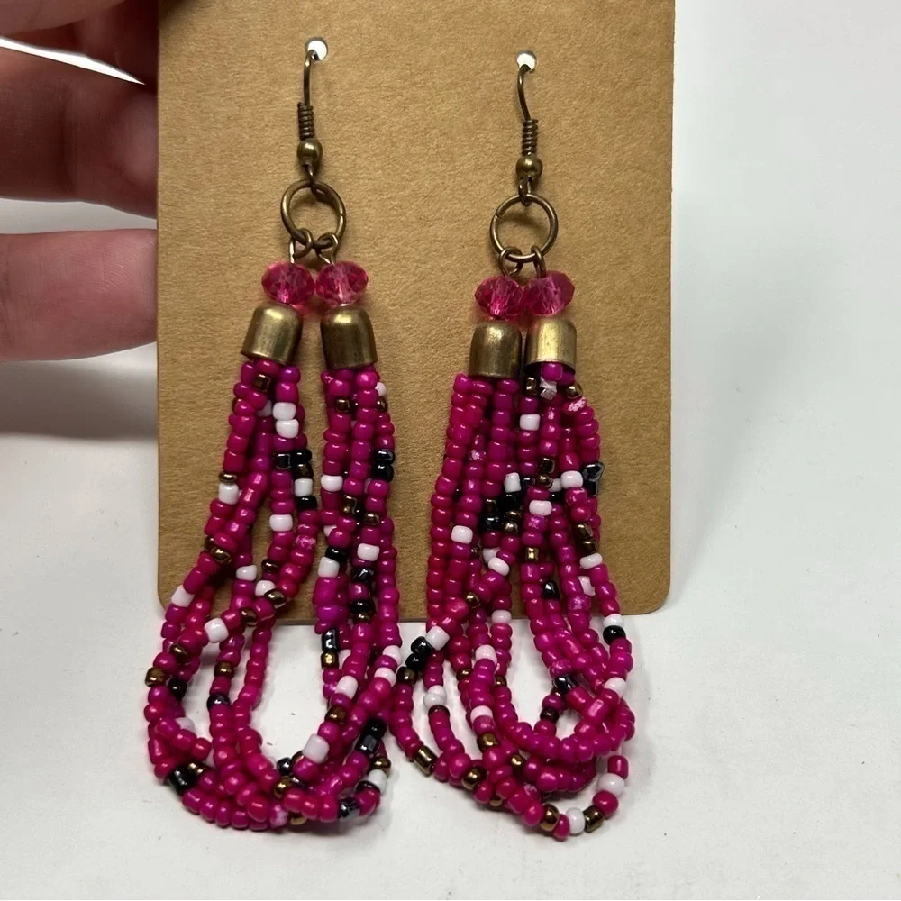 Pink Long Layered Beaded Dangle Earrings
